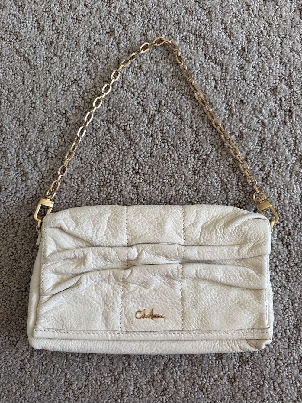 Vintage Y2K Cole Haan Bailey Ruched Leather Foldover Clutch Ivory Purse Handbag